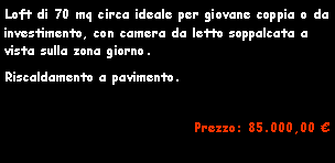 Casella di testo: Loft di 70 mq circa ideale per giovane coppia o da investimento, con camera da letto soppalcata a vista sulla zona giorno.Riscaldamento a pavimento.Prezzo: 85.000,00 �